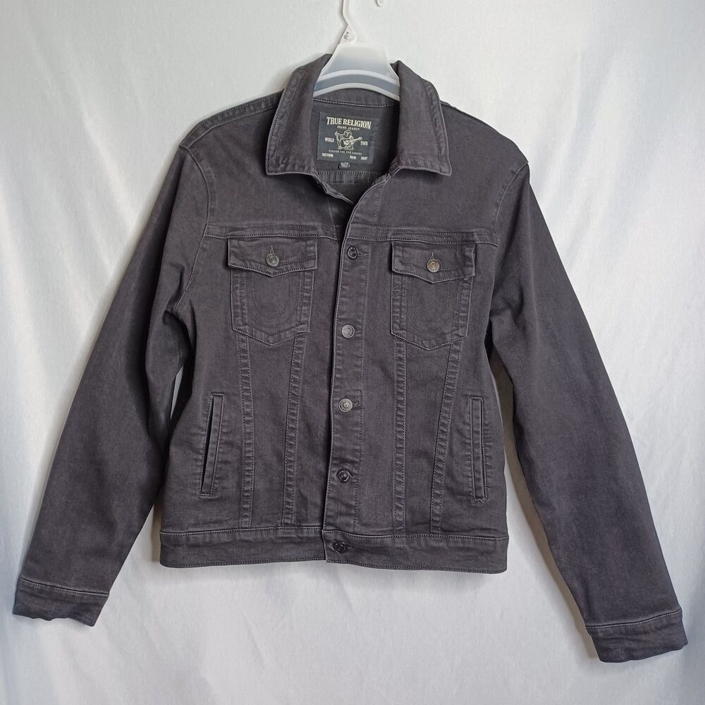 True Religion Trucker Jacket Mens XL Gray Denim Bomber Button Front Casual
